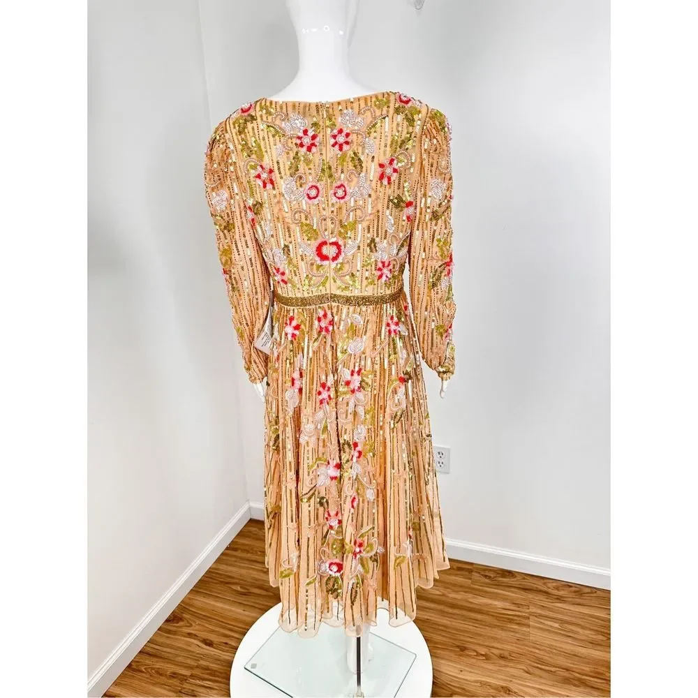 🔥🔥 Mac Duggal Long Sleeve Floral Beaded MIDI Dress Size 14 - Picture 8 of 12